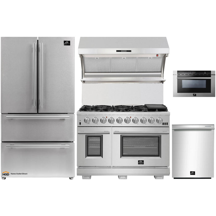 Forno 5-Piece Pro Appliance Package - 48-Inch Gas Range, Refrigerator, Wall Mount Hood with Backsplash, Microwave Drawer, & 3-Rack Dishwasher in Stainless Steel FORNO