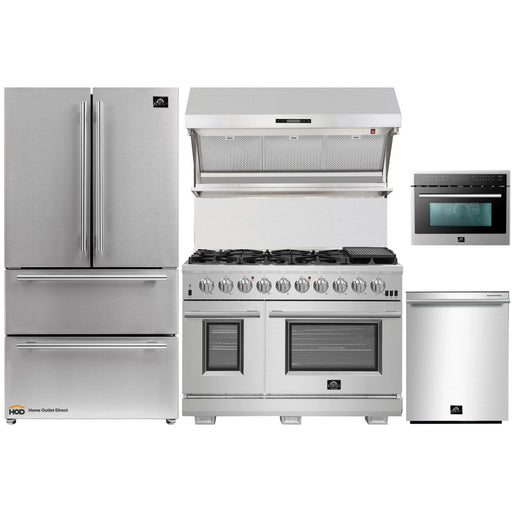 Forno 5-Piece Pro Appliance Package - 48-Inch Gas Range, Refrigerator, Wall Mount Hood with Backsplash, Microwave Oven, & 3-Rack Dishwasher in Stainless Steel FORNO