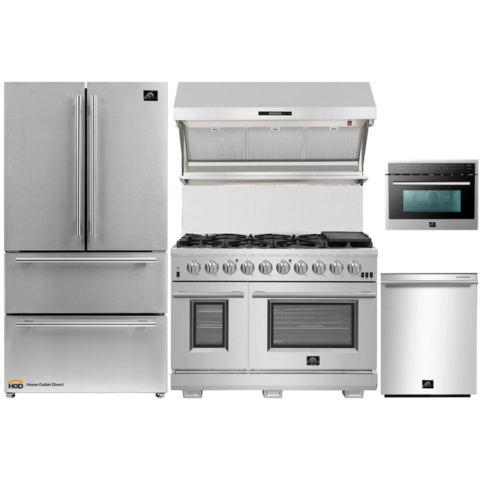 Forno 5-Piece Pro Appliance Package - 48-Inch Gas Range, Refrigerator, Wall Mount Hood with Backsplash, Microwave Oven, & 3-Rack Dishwasher in Stainless Steel FORNO