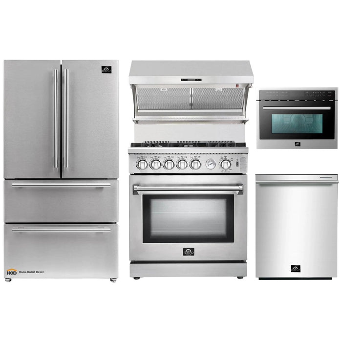 Forno 5-Piece Appliance Package - 30-Inch Gas Range, Refrigerator, Wall Mount Hood with Backsplash, Microwave Oven, & 3-Rack Dishwasher in Stainless Steel FORNO