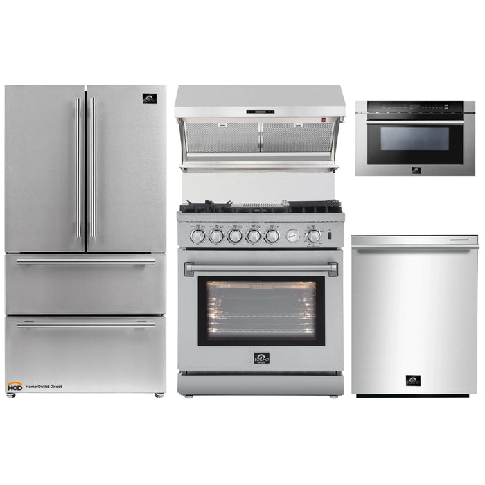 Forno 5-Piece Appliance Package - 30-Inch Gas Range with Air Fryer, Refrigerator, Wall Mount Hood with Backsplash, Microwave Drawer, & 3-Rack Dishwasher in Stainless Steel FORNO