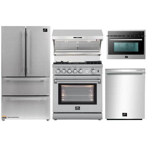 Forno 5-Piece Appliance Package - 30-Inch Gas Range with Air Fryer, Refrigerator, Wall Mount Hood with Backsplash, Microwave Oven, & 3-Rack Dishwasher in Stainless Steel FORNO