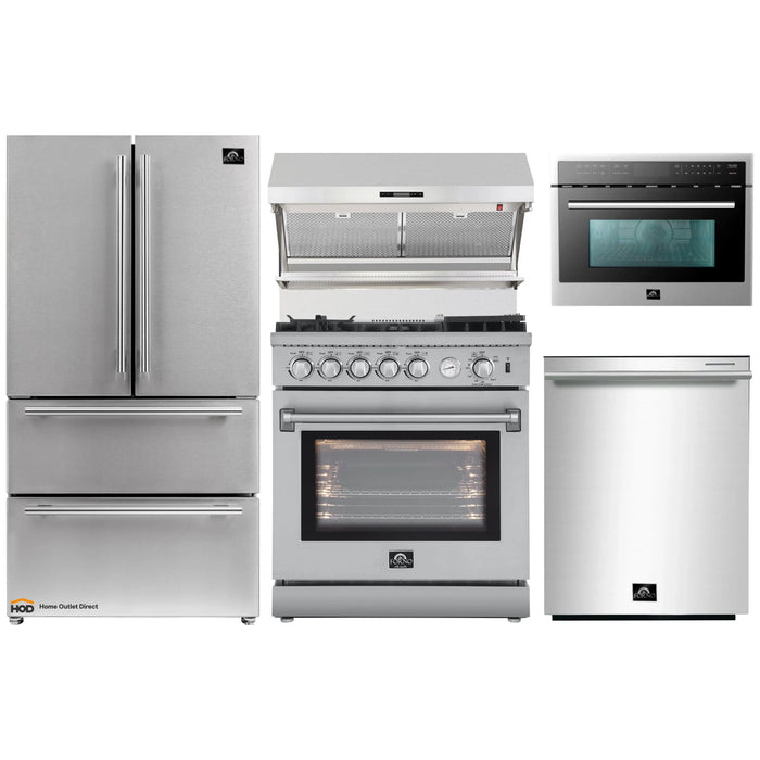 Forno 5-Piece Appliance Package - 30-Inch Gas Range with Air Fryer, Refrigerator, Wall Mount Hood with Backsplash, Microwave Oven, & 3-Rack Dishwasher in Stainless Steel FORNO