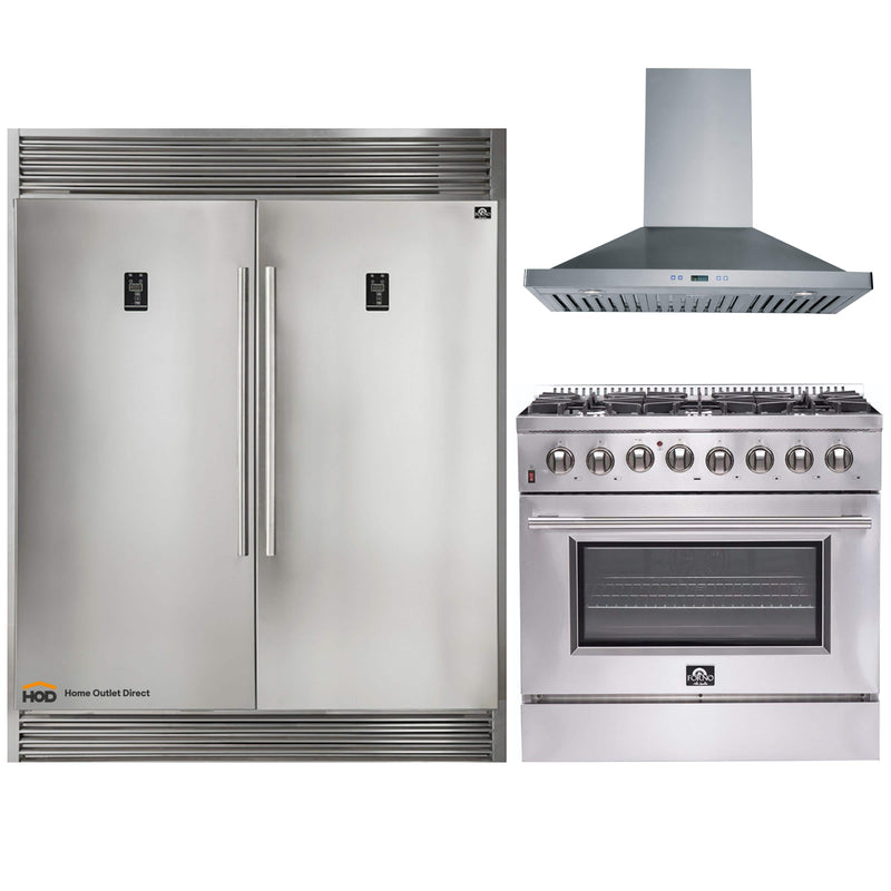 Forno 3-Piece Appliance Package - 36-Inch Dual Fuel Range, 56-Inch Pro-Style Refrigerator & Wall Mount Hood in Stainless Steel