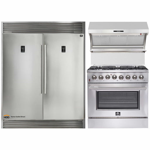 Forno 3-Piece Appliance Package - 36-Inch Dual Fuel Range, 56-Inch Pro-Style Refrigerator & Wall Mount Hood with Backsplash in Stainless Steel FORNO