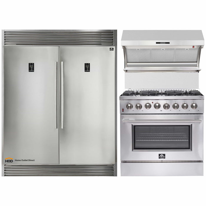 Forno 3-Piece Appliance Package - 36-Inch Dual Fuel Range, 56-Inch Pro-Style Refrigerator & Wall Mount Hood with Backsplash in Stainless Steel FORNO