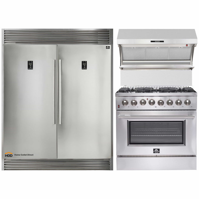 Forno 3-Piece Appliance Package - 36-Inch Dual Fuel Range, 56-Inch Pro-Style Refrigerator & Wall Mount Hood with Backsplash in Stainless Steel