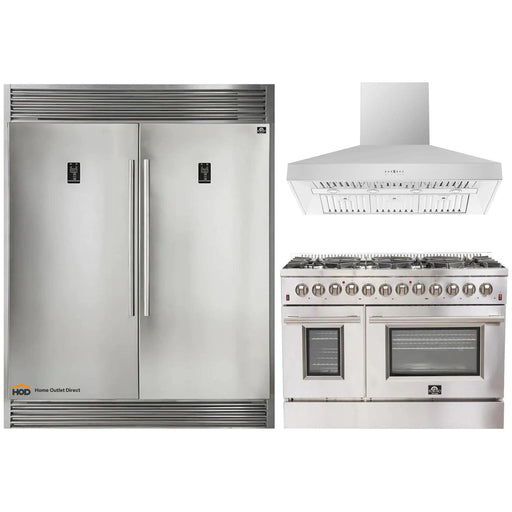 Forno 3-Piece Appliance Package - 48-Inch Gas Range, 56-Inch Pro-Style Refrigerator & Wall Mount Hood in Stainless Steel FORNO
