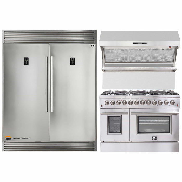 Forno 3-Piece Appliance Package - 48-Inch Dual Fuel Range, 56-Inch Pro-Style Refrigerator & Wall Mount Hood with Backsplash in Stainless Steel FORNO