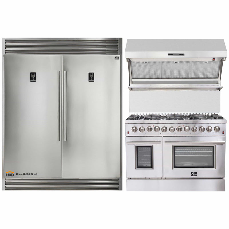 Forno 3-Piece Appliance Package - 48-Inch Dual Fuel Range, 56-Inch Pro-Style Refrigerator & Wall Mount Hood with Backsplash in Stainless Steel