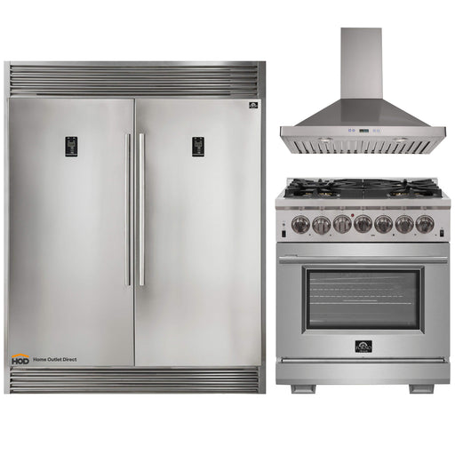 Forno 3-Piece Pro Appliance Package - 30-Inch Dual Fuel Range, 56-Inch Pro-Style Refrigerator & Wall Mount Hood in Stainless Steel FORNO