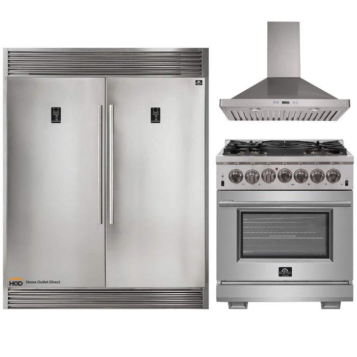 Forno 3-Piece Pro Appliance Package - 30-Inch Dual Fuel Range, 56-Inch Pro-Style Refrigerator & Wall Mount Hood in Stainless Steel FORNO
