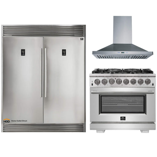 Forno 3-Piece Pro Appliance Package - 36-Inch Dual Fuel Range, 56-Inch Pro-Style Refrigerator & Wall Mount Hood in Stainless Steel FORNO