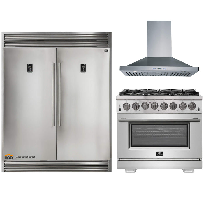 Forno 3-Piece Pro Appliance Package - 36-Inch Dual Fuel Range, 56-Inch Pro-Style Refrigerator & Wall Mount Hood in Stainless Steel FORNO