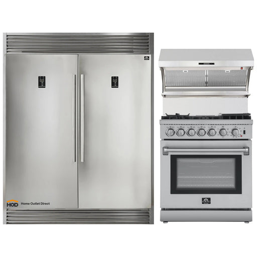Forno 3-Piece Appliance Package - 30-Inch Dual Fuel Range with Air Fryer, 60-Inch Pro-Style Refrigerator & Wall Mount Hood with Backsplash in Stainless Steel FORNO