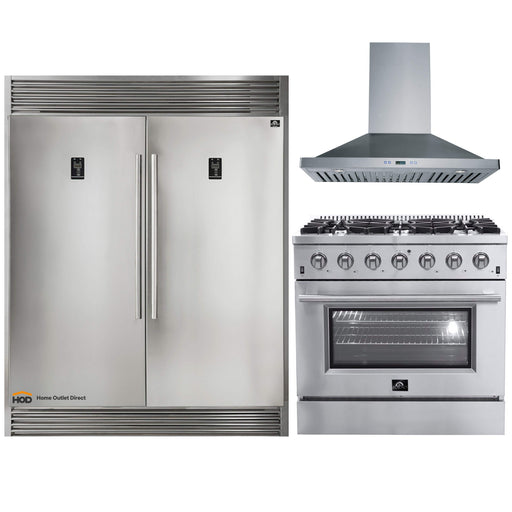 Forno 3-Piece Appliance Package - 36-Inch Gas Range, 56-Inch Pro-Style Refrigerator & Wall Mount Hood in Stainless Steel FORNO