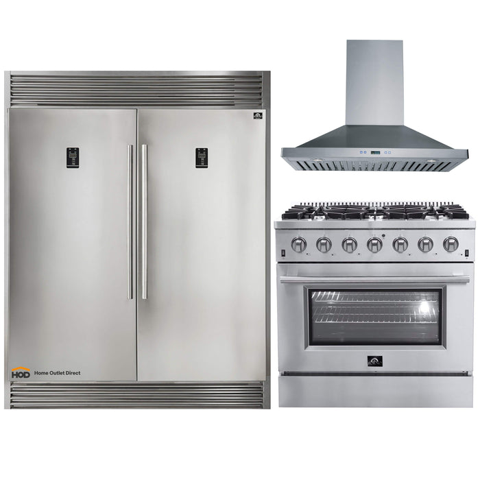 Forno 3-Piece Appliance Package - 36-Inch Gas Range, 56-Inch Pro-Style Refrigerator & Wall Mount Hood in Stainless Steel FORNO