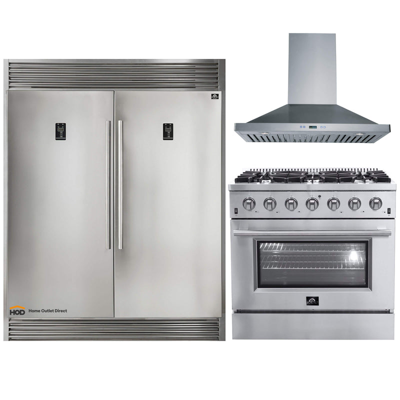 Forno 3-Piece Appliance Package - 36-Inch Gas Range, 56-Inch Pro-Style Refrigerator & Wall Mount Hood in Stainless Steel