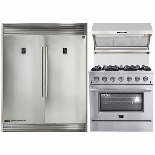 Forno 3-Piece Appliance Package - 36-Inch Gas Range, 56-Inch Pro-Style Refrigerator & Wall Mount Hood with Backsplash in Stainless Steel FORNO