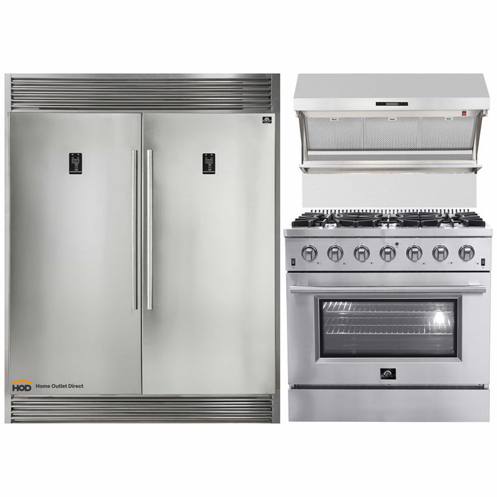 Forno 3-Piece Appliance Package - 36-Inch Gas Range, 56-Inch Pro-Style Refrigerator & Wall Mount Hood with Backsplash in Stainless Steel FORNO