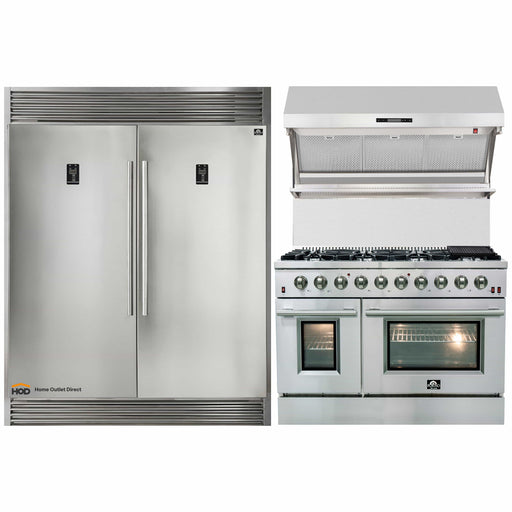 Forno 3-Piece Appliance Package - 48-Inch Gas Range, 56-Inch Pro-Style Refrigerator & Wall Mount Hood with Backsplash in Stainless Steel FORNO