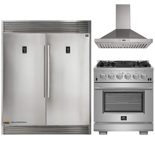 Forno 3-Piece Pro Appliance Package - 30-Inch Gas Range, 56-Inch Pro-Style Refrigerator & Wall Mount Hood in Stainless Steel FORNO