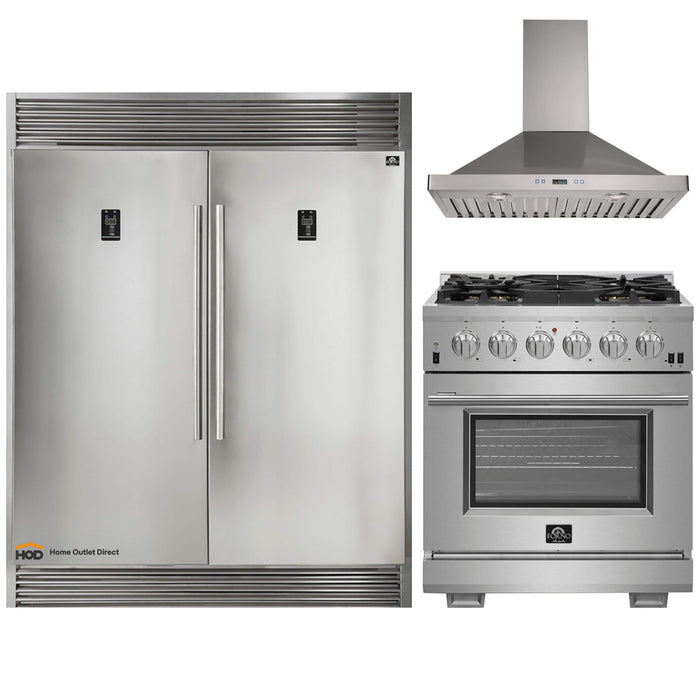Forno 3-Piece Pro Appliance Package - 30-Inch Gas Range, 56-Inch Pro-Style Refrigerator & Wall Mount Hood in Stainless Steel FORNO