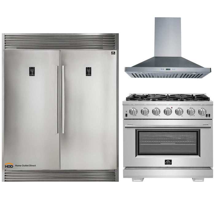 Forno 3-Piece Pro Appliance Package -36-Inch Gas Range, 56-Inch Pro-Style Refrigerator & Wall Mount Hood in Stainless Steel FORNO