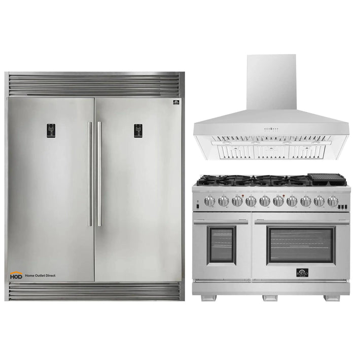 Forno 3-Piece Pro Appliance Package - 48-Inch Gas Range, 56-Inch Pro-Style Refrigerator & Wall Mount Hood in Stainless Steel FORNO