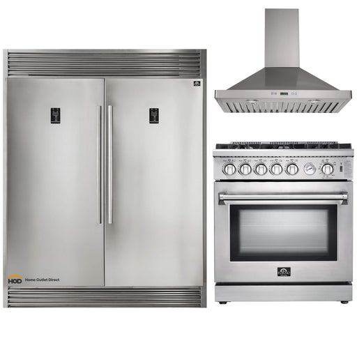 Forno 3-Piece Appliance Package - 30-Inch Gas Range, 56-Inch Pro-Style Refrigerator & Wall Mount Hood in Stainless Steel FORNO