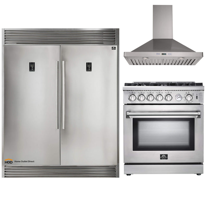 Forno 3-Piece Appliance Package - 30-Inch Gas Range, 56-Inch Pro-Style Refrigerator & Wall Mount Hood in Stainless Steel FORNO