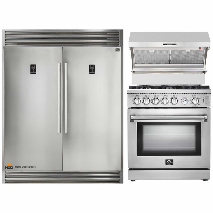 Forno 3-Piece Appliance Package - 30-Inch Gas Range, 56-Inch Pro-Style Refrigerator & Wall Mount Hood with Backsplash in Stainless Steel FORNO