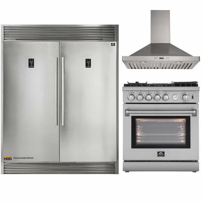 Forno 3-Piece Appliance Package - 30-Inch Gas Range with Air Fryer, 56-Inch Pro-Style Refrigerator & Wall Mount Hood in Stainless Steel FORNO