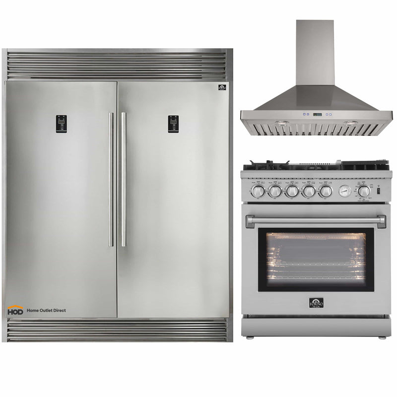 Forno 3-Piece Appliance Package - 30-Inch Gas Range with Air Fryer, 56-Inch Pro-Style Refrigerator & Wall Mount Hood in Stainless Steel