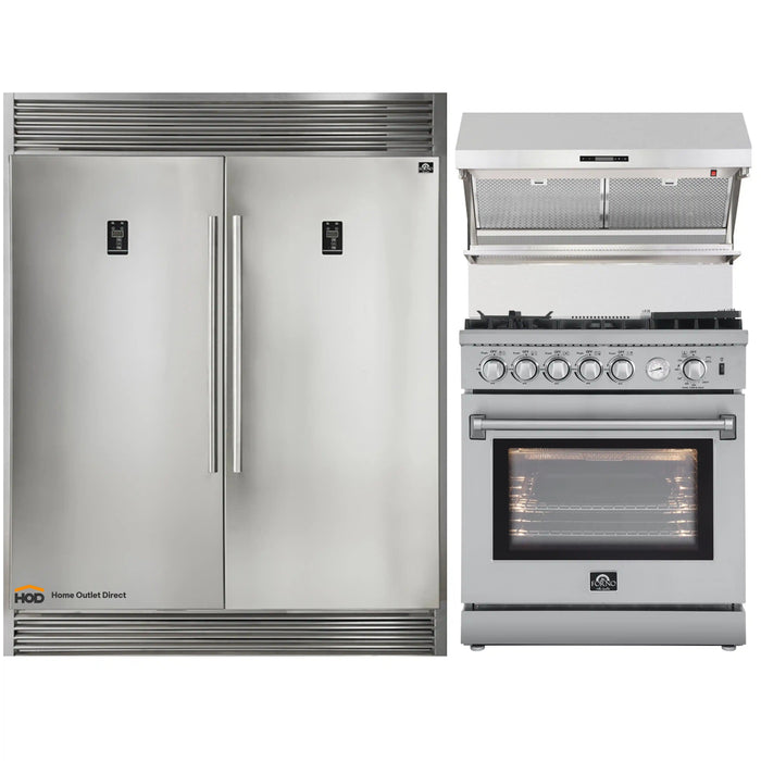 Forno 3-Piece Appliance Package - 30-Inch Gas Range with Air Fryer, 60-Inch Pro-Style Refrigerator & Wall Mount Hood with Backsplash in Stainless Steel FORNO
