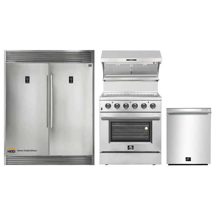 Forno 4-Piece Appliance Package - 30-Inch Electric Range, Wall Mount Range Hood with Backsplash, Pro-Style Refrigerator, and Dishwasher in Stainless Steel FORNO