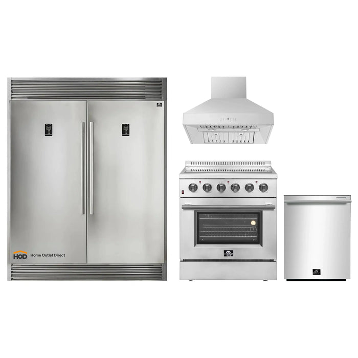 Forno 4-Piece Appliance Package - 30-Inch Electric Range, Wall Mount Range Hood, Pro-Style Refrigerator, and Dishwasher in Stainless Steel FORNO