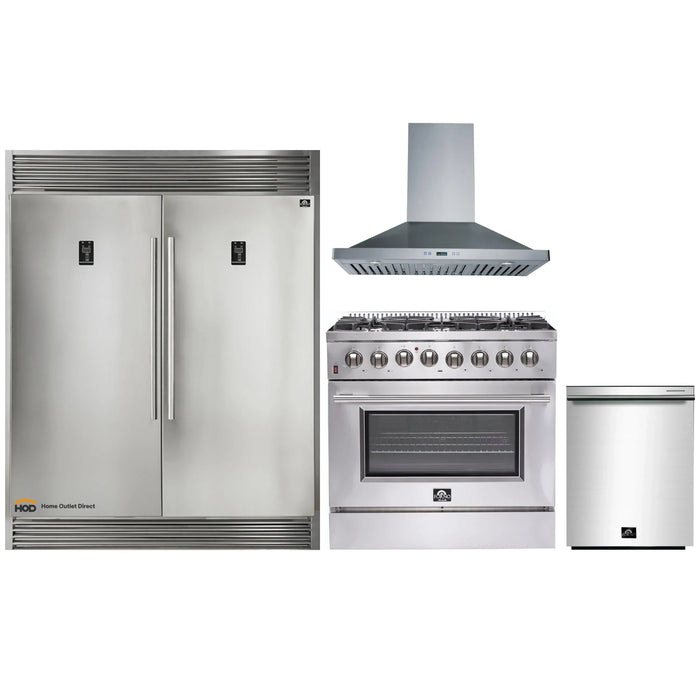 Forno 4-Piece Appliance Package - 36-Inch Dual Fuel Range, 56-Inch Pro-Style Refrigerator, Wall Mount Hood, & 3-Rack Dishwasher in Stainless Steel FORNO
