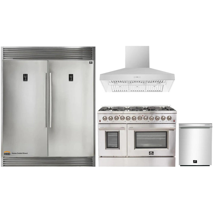 Forno 4-Piece Appliance Package - 48-Inch Dual Fuel Range, 56-Inch Pro-Style Refrigerator, Wall Mount Hood, & 3-Rack Dishwasher in Stainless Steel FORNO