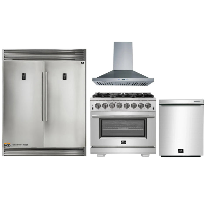 Forno 4-Piece Pro Appliance Package - 36-Inch Dual Fuel Range, 56-Inch Pro-Style Refrigerator, Wall Mount Hood, & 3-Rack Dishwasher in Stainless Steel FORNO