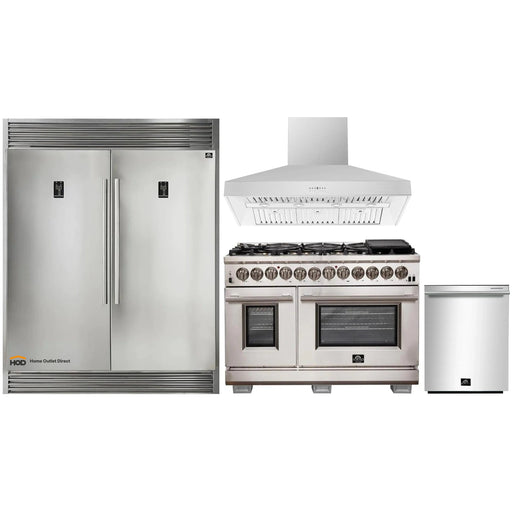 Forno 4-Piece Pro Appliance Package - 48-Inch Dual Fuel Range, 56-Inch Pro-Style Refrigerator, Wall Mount Hood, & 3-Rack Dishwasher in Stainless Steel FORNO