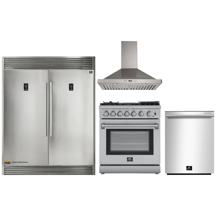 Forno 4-Piece Appliance Package - 30-Inch Dual Fuel Range with Air Fryer, 56-Inch Pro-Style Refrigerator, Wall Mount Hood, & 3-Rack Dishwasher in Stainless Steel FORNO