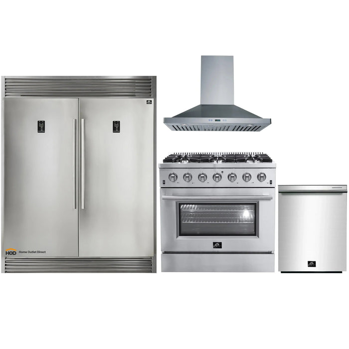 Forno 4-Piece Appliance Package - 36-Inch Gas Range, 56-Inch Pro-Style Refrigerator, Wall Mount Hood, & 3-Rack Dishwasher in Stainless Steel FORNO