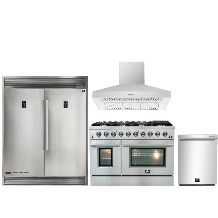 Forno 4-Piece Appliance Package - 48-Inch Gas Range, 56-Inch Pro-Style Refrigerator, Wall Mount Hood, & 3-Rack Dishwasher in Stainless Steel FORNO