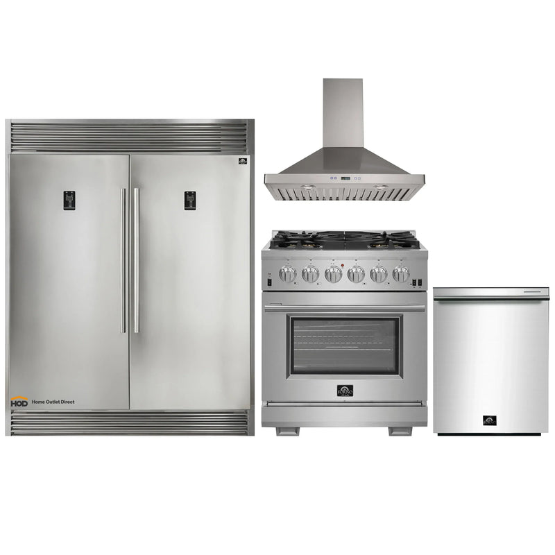Forno 4-Piece Pro Appliance Package - 30-Inch Gas Range, 56-Inch Pro-Style Refrigerator, Wall Mount Hood, & 3-Rack Dishwasher in Stainless Steel