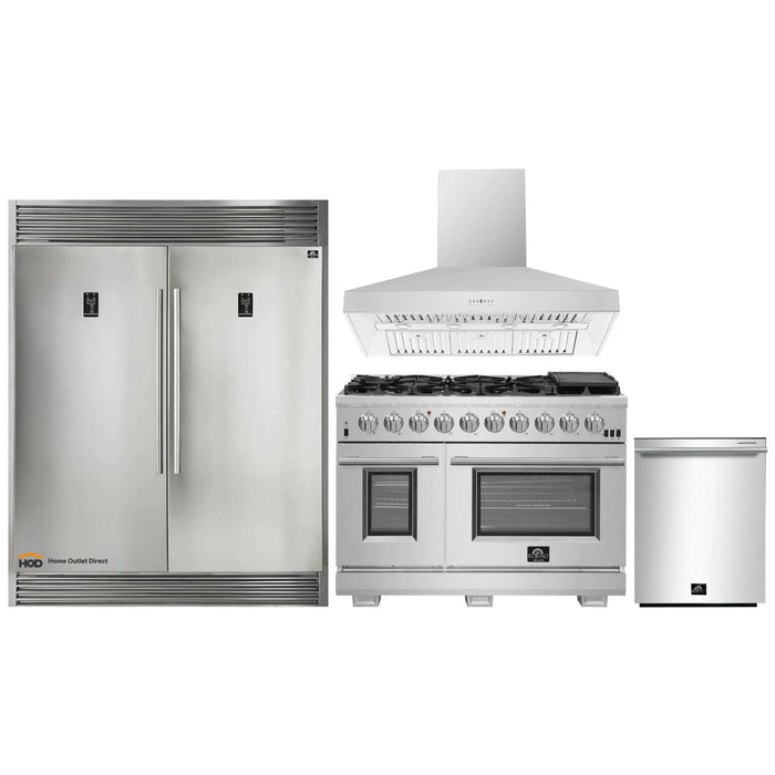 Forno 4-Piece Pro Appliance Package - 48-Inch Gas Range, 56-Inch Pro-Style Refrigerator, Wall Mount Hood, & 3-Rack Dishwasher in Stainless Steel FORNO
