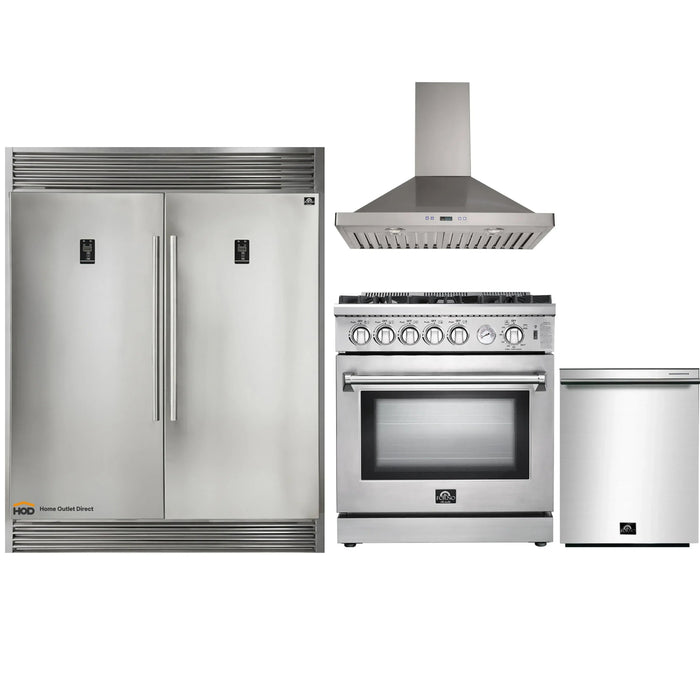Forno 4-Piece Appliance Package - 30-Inch Gas Range, 56-Inch Pro-Style Refrigerator, Wall Mount Hood, & 3-Rack Dishwasher in Stainless Steel FORNO