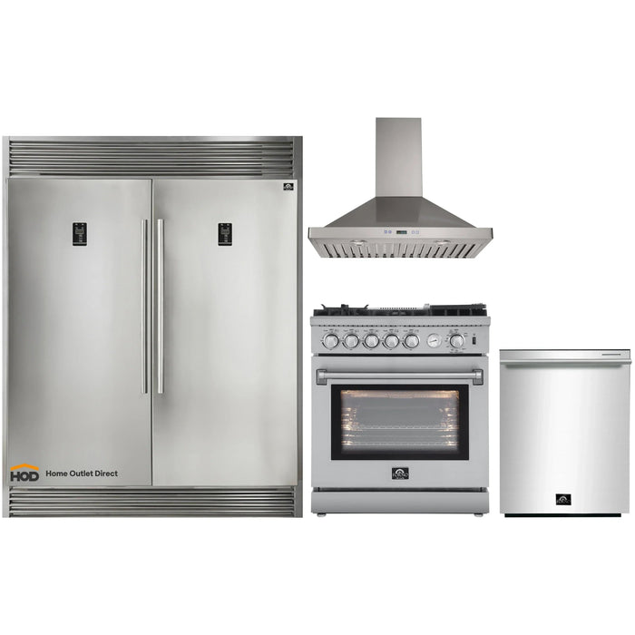 Forno 4-Piece Appliance Package - 30-Inch Gas Range with Air Fryer, 56-Inch Pro-Style Refrigerator, Wall Mount Hood, & 3-Rack Dishwasher in Stainless Steel FORNO
