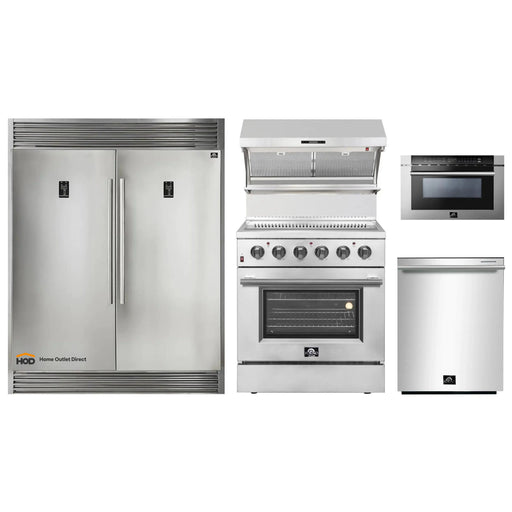 Forno 5-Piece Appliance Package - 30-Inch Electric Range, Wall Mount Range Hood with Backsplash, Pro-Style Refrigerator, Dishwasher, and Microwave Drawer in Stainless Steel FORNO