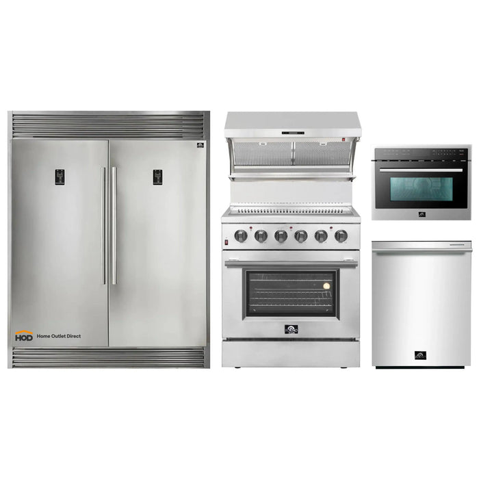 Forno 5-Piece Appliance Package - 30-Inch Electric Range, Wall Mount Range Hood with Backsplash, Pro-Style Refrigerator, Dishwasher, and Microwave Oven in Stainless Steel FORNO
